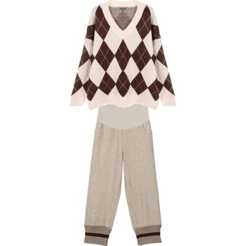 Pregnant Womens Suit Maternity Fashion Wear Loose Plaid Sweater and Pants two piece suit Mother Woollen Winter Clothing M-2XL