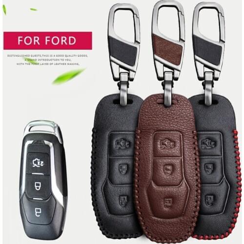 Leather Car Key Case Cover For Ford Mondeo MK3 MK4 MK5 4 C MAX Fiesta MK7 MK8 ST Fusion Focus 2 3 KA Edge Kuga Key Ring Chain