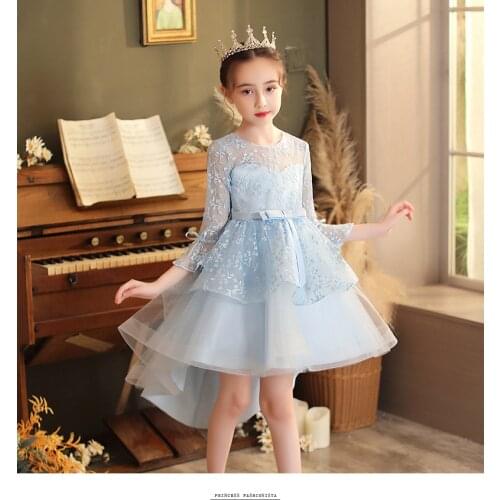 Flower lace long sleeve summer dress new elegant girls mesh embroidered dress lace upscale wedding dress Girl clothes