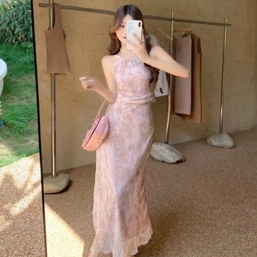 Fashion Summer Vintage Sleeveless Midi Party Dress Ladies Streetwear Robe Elegant Casual Chiffon Pink Print Beach Vacation Dress