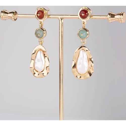 Fashion natural freshwater pearl earrings Women retro longs drop shape pendant earbob natural stone jewelry