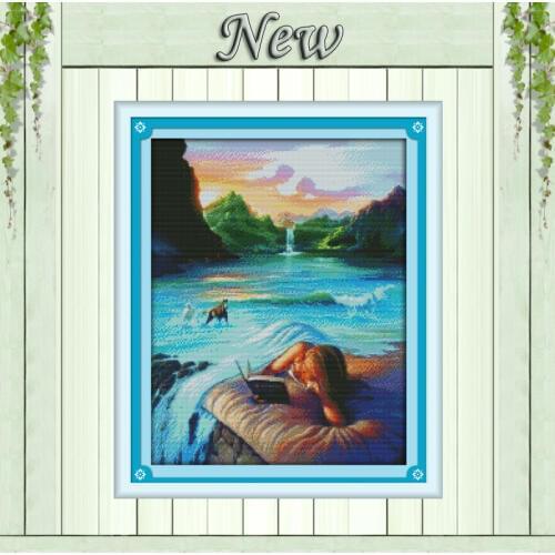 Beauty Girl beside the water,pattern print on canvas DMC 14CT 11CT Cross Stitch kit,all for embroidery needlework Set,Home Decor
