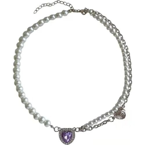 Purple Crystal Necklace Woman Heart Chain Women Necklaces Jewelry Ladies Artificial Pearl Pendant European Stainless Collares