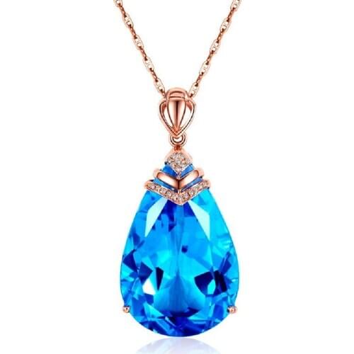 Supply Aquamarine Topaz Water Drop Pear Shape Pendant Angel Necklace Female 18K Rose Gold Necklace