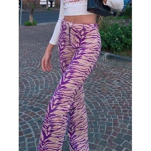 Zebra Printed Pants Y2k Full Length Purple Trousers High Waist Zipper Cargo Pants Animal Women Party Outfits Clubwear Women Pant