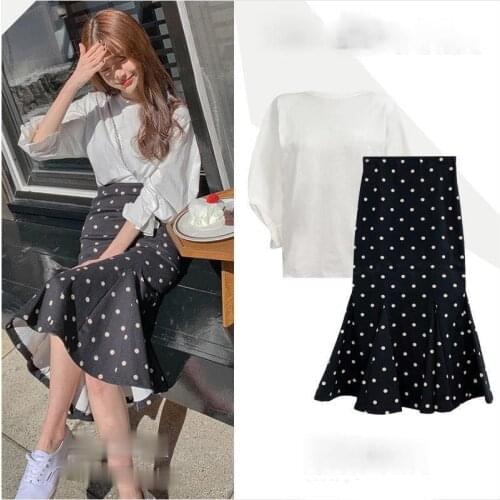 Spring and Autumn Puff Sleeve Shirt + Polka Dot Fishtail Skirt Two-piece Korean Suit Female