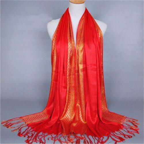 Fashion Golden Silk Scarf Women Long Big Tassel Foulard Flashing Multi Color Muslim Scarves Hijab Wholesales Drop Shipping