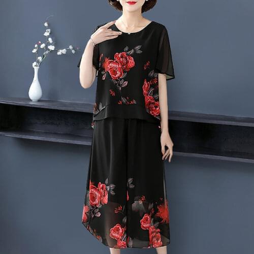 Middle-aged Mother Women Large Size 2 Piece Set Loose Print Short-sleeved T-shirt Tops + Pants Suits Summer Plus Size 6XL