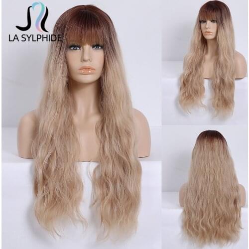 La Sylphide Synthetic Wig Long Deep Wave Root Brown Ombre Blonde Wigs with Bangs for Women Party Daily Wig Heat Resistant