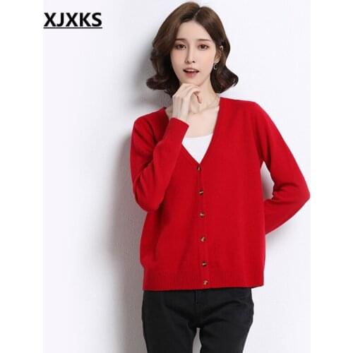 XJXKS Fashion big V-neck women knitted cardigan 2020 autumn new high-end 100% wool knitted sweater wome small jacket