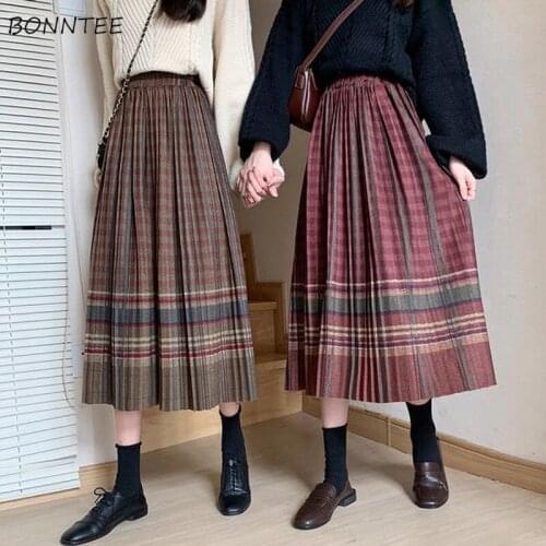 Skirts Women Autumn Elastic High Waist Folk-style Vintage Print Pleated Preppy Girls Loose Harajuku Tender Casual Elegant Friend