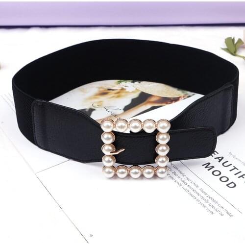 Pearl Gold Square Buckel Casual Rubber Black PU Leather Rubber Elasticity Stretch Retro Waistband Ornament Belt For Ladies