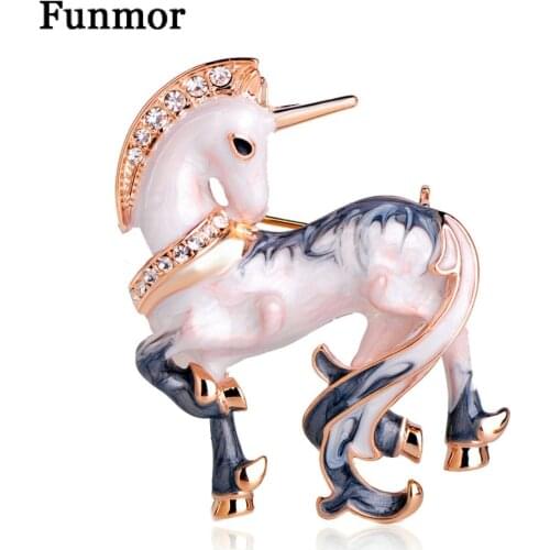 FUNMOR Enamel White Lucky Horse Unicorn Shape Brooches Gold Color Women Men Rhinestone Animal Banquet Party Brooch Pins Gifts