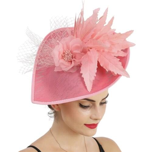 Imitation Sinamay Women Fascinator Wedding Hat With Bridal Feather Headpiece Ladies Cocktail Headwear With Hairpin Ladies Fedora