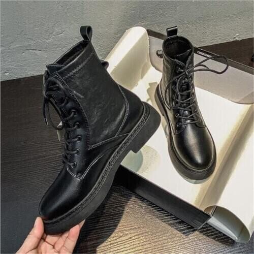 Women Flat Platform Ankle Boots Spring Boot Black Lace Up Black Medium Creepers Shoes Fashion Party Footwear