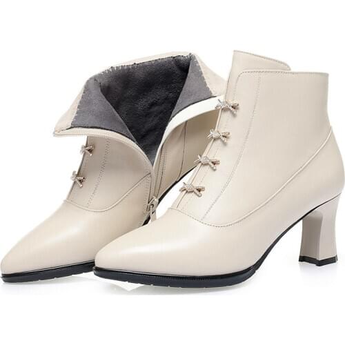 100% Full Genuine Leather Autumn Boots Women Shoes Boots High Heels Pointed Classic Fashion Boots Warm Winter Shoes Snow Boots