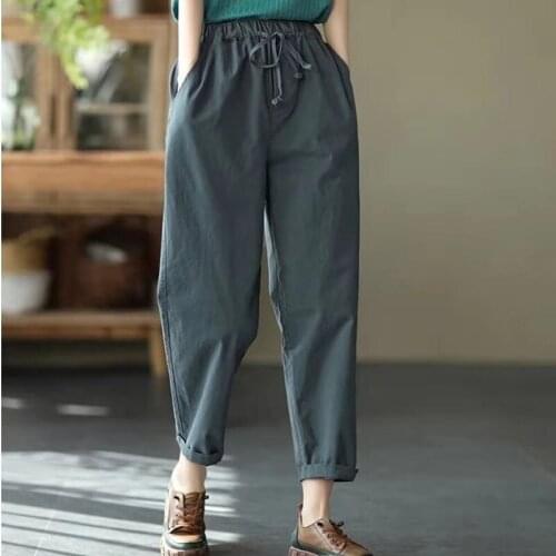 2021 New Arrival Summer Women Casual Elastic Waist Ankle-length Pants All-matched Loose Vintga Cotton Harem Pants Big Size W293