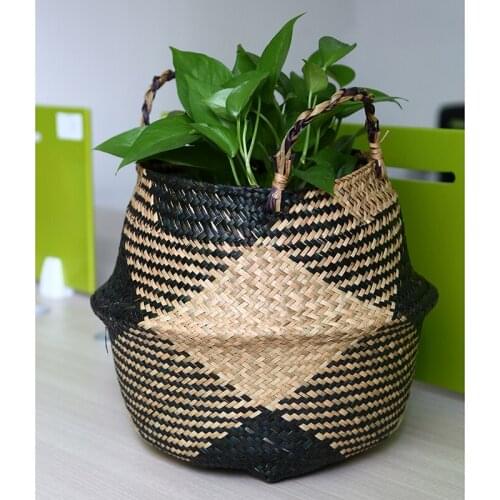 1pc Seagrass Woven Storage Basket with Handle Garden Flower Vase Plant Baskets Foldable Flowerpot Household Laundry Organizer