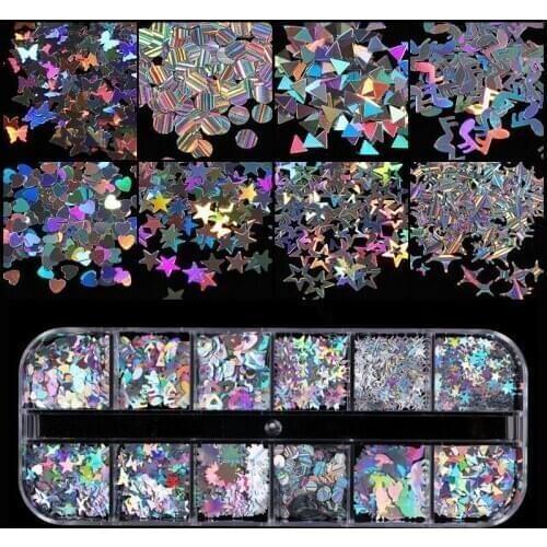 12 grids/box AB holographic laser flash sheet full mixed triangle star heart moon flash sequin nail art decoration sequin