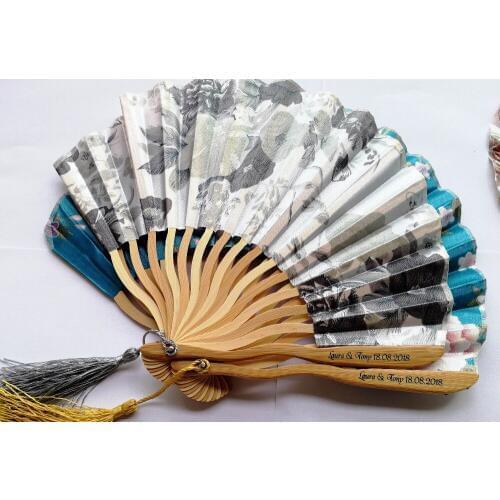 250 pcs Personalized/Customized Bamboo 100% Polyester Flower Blossoms Wedding Chinese Japanese Folding Fan With tassel+printing