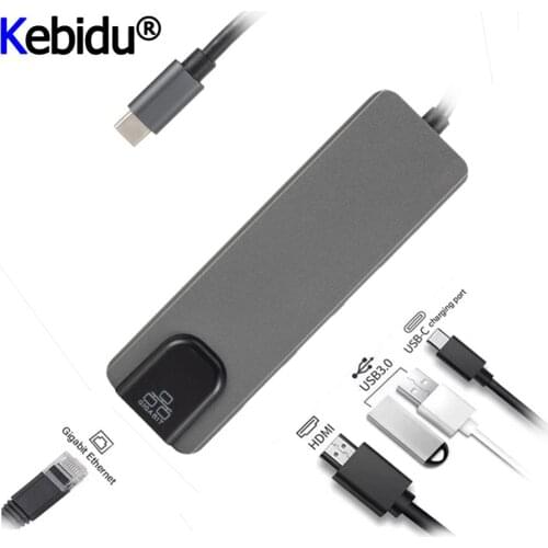 4K USB C Hub To Gigabit Ethernet Rj45 Lan 5 In 1 Adapter USB Type C Hdmi-compatible For Macbook Pro Thunderbolt3 Charger Gray