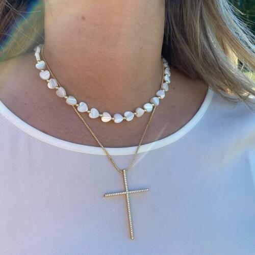 5PCS, Nature Mother of Pearl Heart Shell Beaded Chain Necklace Women Golden Ball Beads Vintage Collar Female Girl Jewelry Gift