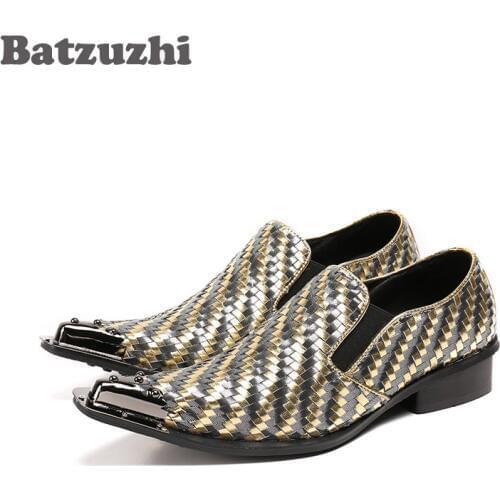 Batzuzhi Luxury Men Shoes Korean Fashion Nightclub Hair Stylist Shoes for Men Knit Cow Leather Low Heels Dress Shoes Men Party
