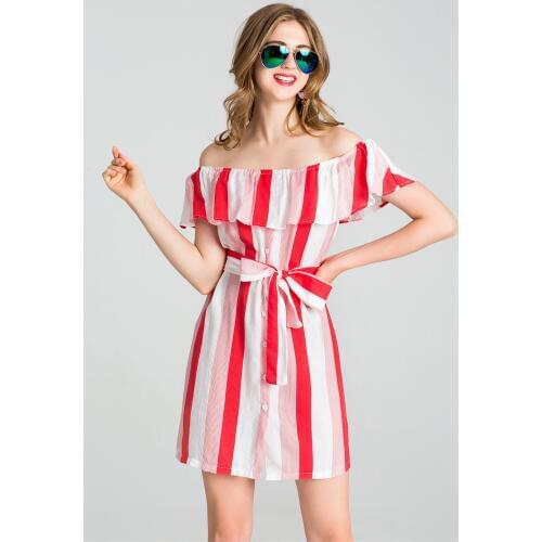 BYUAN 2018 Fashion Women Strapless Dress Summer Sexy Off Shoulder Striped Dress With Buttons Dress Waistband Ladies Dresses