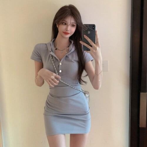 One-Piece Vintage Sexy Hoodie Collar Short Sleeve High Waist Slim Mini Dress For Women Korean Temperament Fashion Casual Dress
