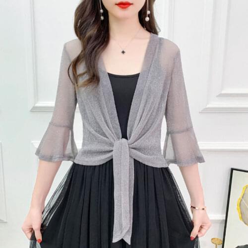 Tie Front Cardigan Summer Mesh Sunproof Cardigan Women Bohemian Thin Shirt Blouse Ladies Lace Blouses Femme Office Lady OL Wear