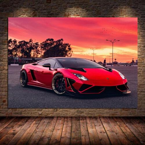 Supercars Wall Art Canvas Painting Gallardo Red Sunset Racing Cars Posters and Prints Pictures for Living Room Decor Unframed