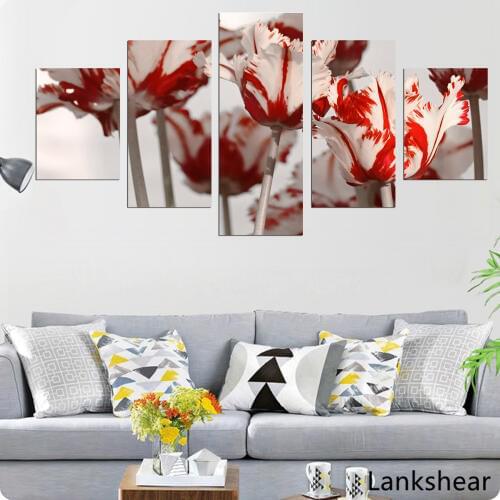 Canvas Wall Art Pictures Home Decor 5 Pieces White Red Tulips Paintings HD Prints Flowers Poster Modular Pictures Framework