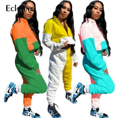 Echoine Women Activewear Patchwork Set Zipper Sweatshirt & Pants Matching Set Sporty Fitness Two Piece Set Tracksuit Outfit