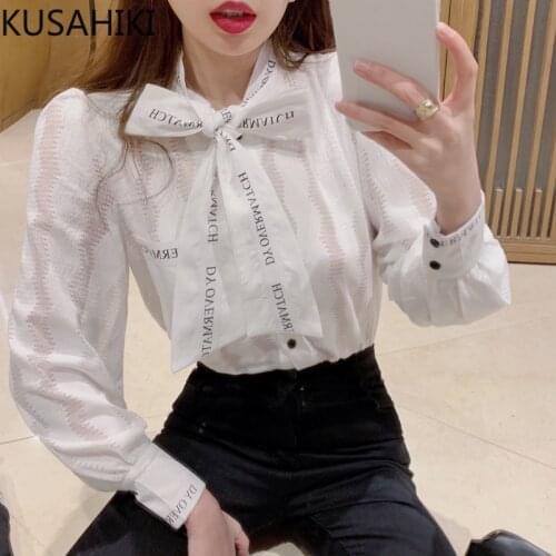 KUSAHIKI Spring New Fahsion Women Blouse Letters Bow Tie Collar Long Sleeve Shirt 2021 Causal Lace Top Blusas Feminimos 6E643