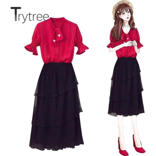 Trytree 2020 Summer Women two piece set Casual O-neck Solid Flare Sleeve Top + Skirt Cake Mesh Skirt Elastic Waist 2 piece Set