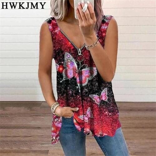 Summer Women Fashion V-neck Off Shoulder Sleeveless Printing T-shirt Vest Loose Zipper Blouse Ladies Plus Size Cotton Tank Tops