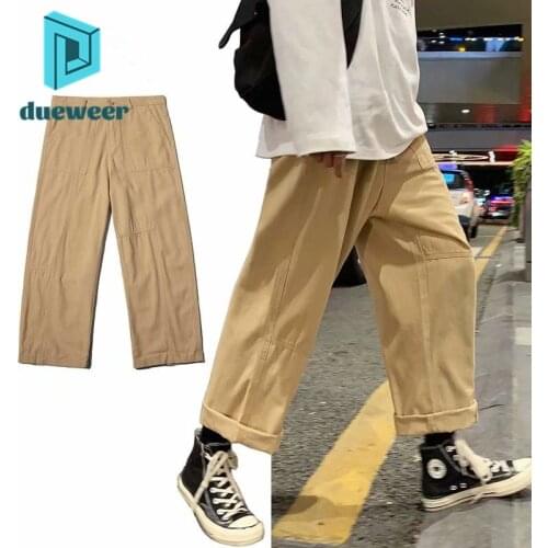DUEWEER Mens Straight Jeans Baggy Stretch Khaki Jeans Streetwear Men Cargo Wide Leg Denim Pants Black Casual Pants