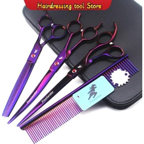 "8 Inch Pet Hair Scissors Purple High-end Pet Scissors 5 Piece Set Pet Hair Cutting and Thinning Serrated Scissors Model Number"