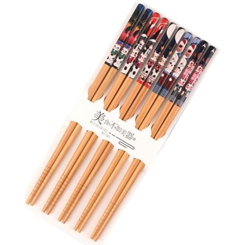 Japanese-style Chopsticks Sushi Household Chopsticks Bamboo Creative 5 Pairs Anime Lucky Cat Family Pack Wood Chopsticks
