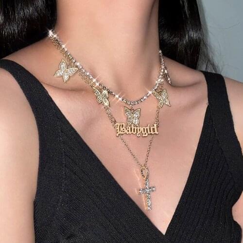 Punk Cute Metal Butterfly Rhinestone Tennis Choker Necklace For Women Geometric Animal Letter Pendant Long Chain Jewelry New