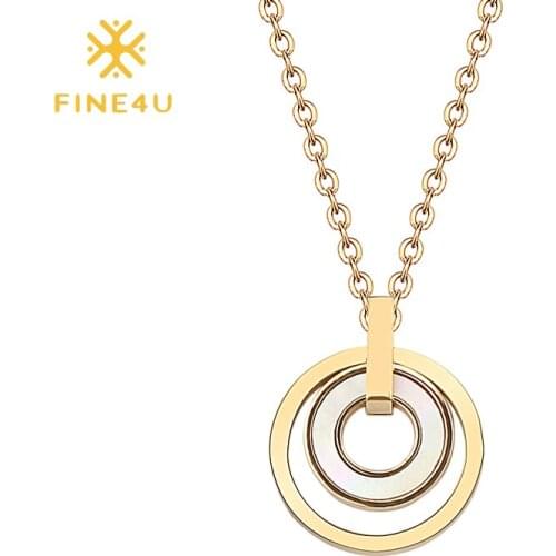 FINE4U N474 Stainless Steel Double Circles Pendants Necklace with White Shell Gold Color Interlocking Rounds Dainty Jewelry