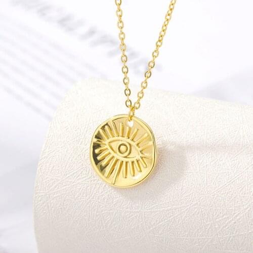 New Evil Eye Flower Disk Pendant Necklace Retro Stainless Steel Gold sSilver Color Necklace for Women Men BFF Gift Jewelry 2020