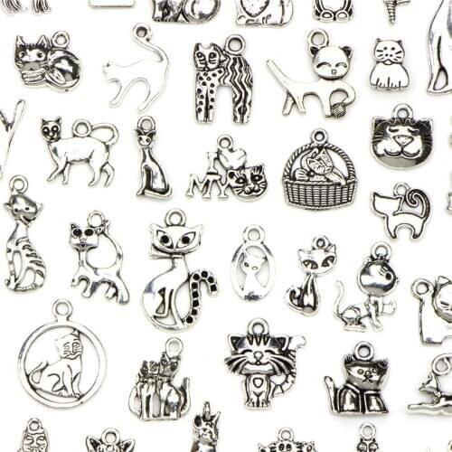 Cat Pendants Tibetan Silver Plated Charms Bracelets Accessories Findings 30pcs Mixed Size Charms DIY Animals Craft