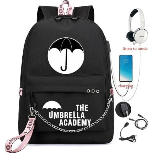 The Umbrella academy USB Backpack Women Men Teenager School Bag Women USB Travel Rucksack Large Mochila Escolar With Chain