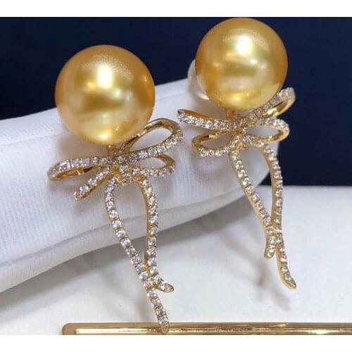 D203 Fine Jewelry Pure 14K Gold Natural South Sea Ocean Golden Pearls 11-10mm Stud Earrings for Women Fine Pearl Earrings