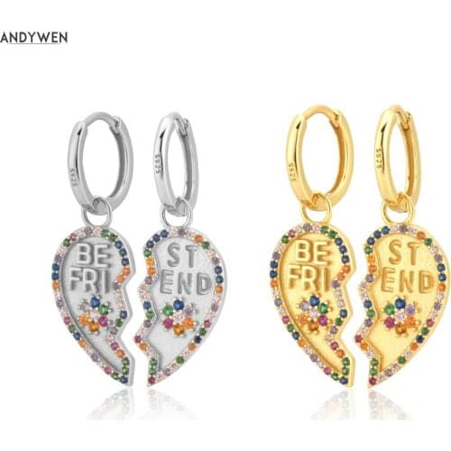ANDYWEN 925 Sterling Silver Gold Best Friend Rainbow Pendant Heart Colorful Drop Earring Friendship Circle Piercing Jewelry
