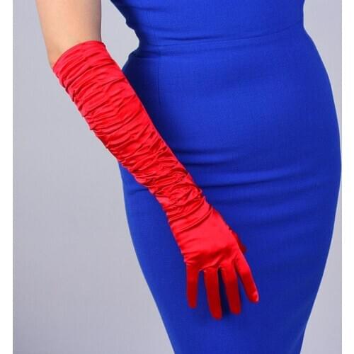 Spring Women Satin Pleated Elastic Mercerized Pearlescent Warm Cycling Driving Gloves Elegant Silk Thin Long Dress Mittens K50