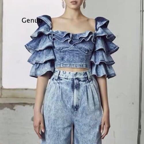 Patchwork Ruffle Womens Denim Shirts Square Collar Long Sleeve Slimming Cropped Blouse Shirt Fashion New Tide