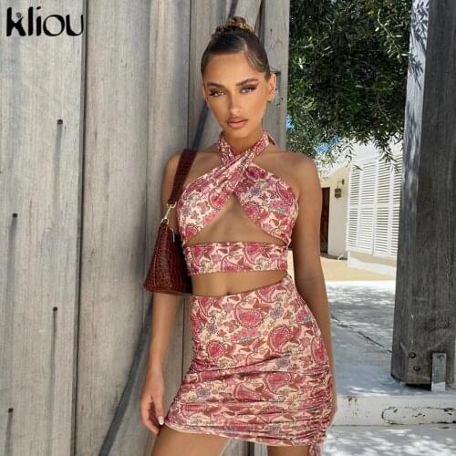 Kliou Floral Printed Halter Bandage Two Piece Outfits Sleeveless Backless Tops+Stacked Skirt Matching Set Sexy Skinny Streetwear