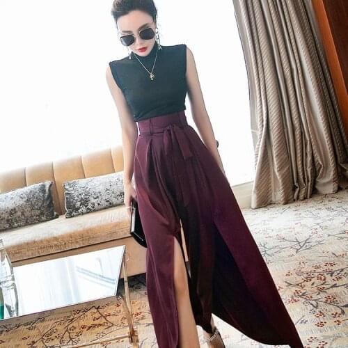 Women 2021 Summer New Fashion Two-piece Suits Female Solid Color Sleeveless Tops Ladies Loose Split Wide-leg Pants Sets K24